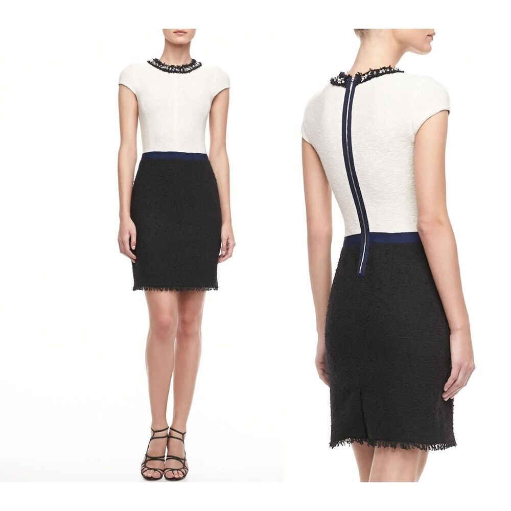 REBECCA TAYLOR Cream Black Blue Tweed Fringe Studded Mini Sheath Dress Size 12